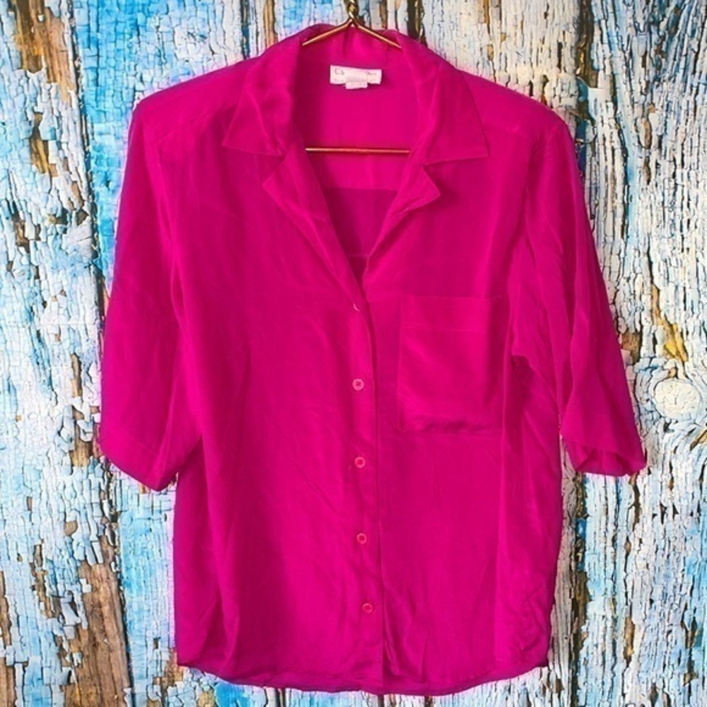 Vintage Christian Dior Separates Top Rayon Button Down Blouse w/ Shoulder Pads